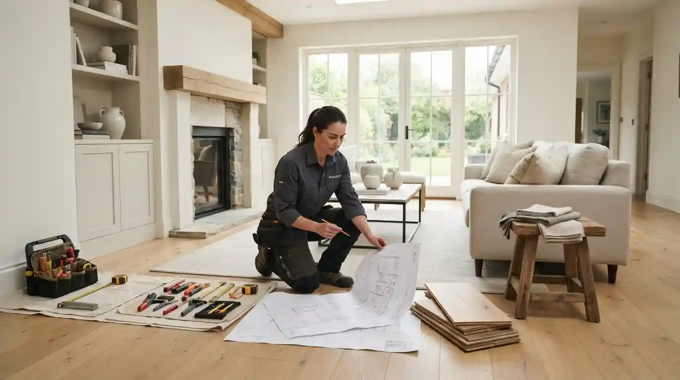 Professional home improvement expert reviewing renovation plans in a modern living room