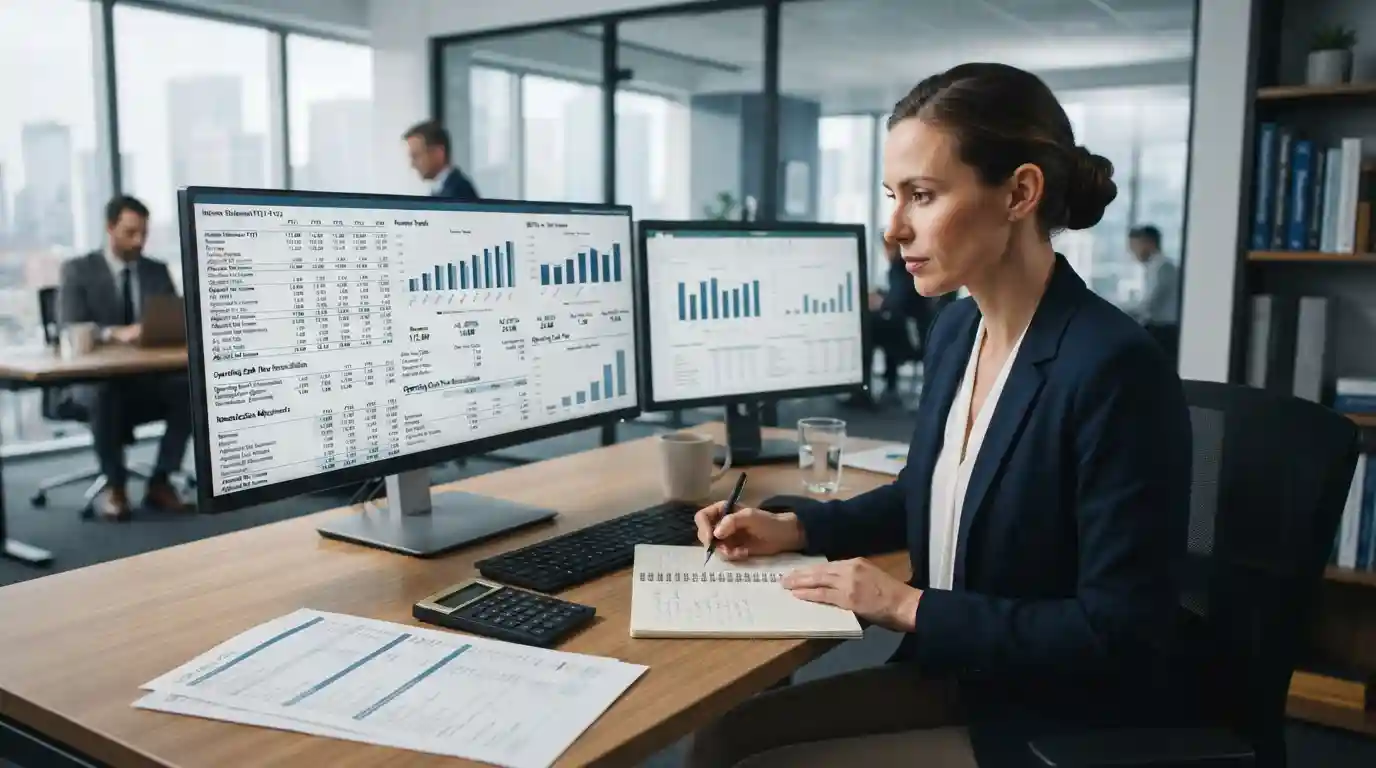 Financial analyst reviewing company earnings, cash flow, and profitability data on a computer screen.