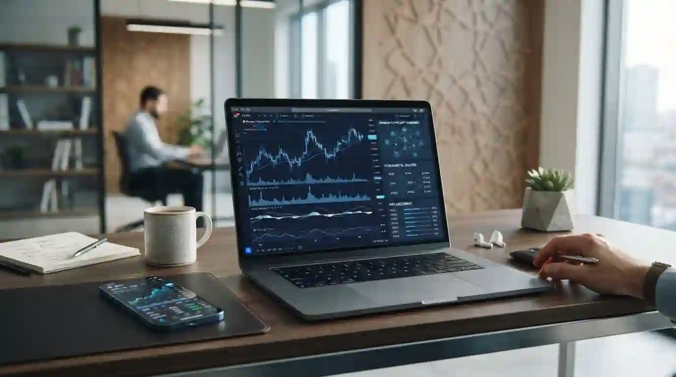 Cryptocurrency charts and blockchain symbols displayed on a financial research desk with subtle Islamic geometric design elements