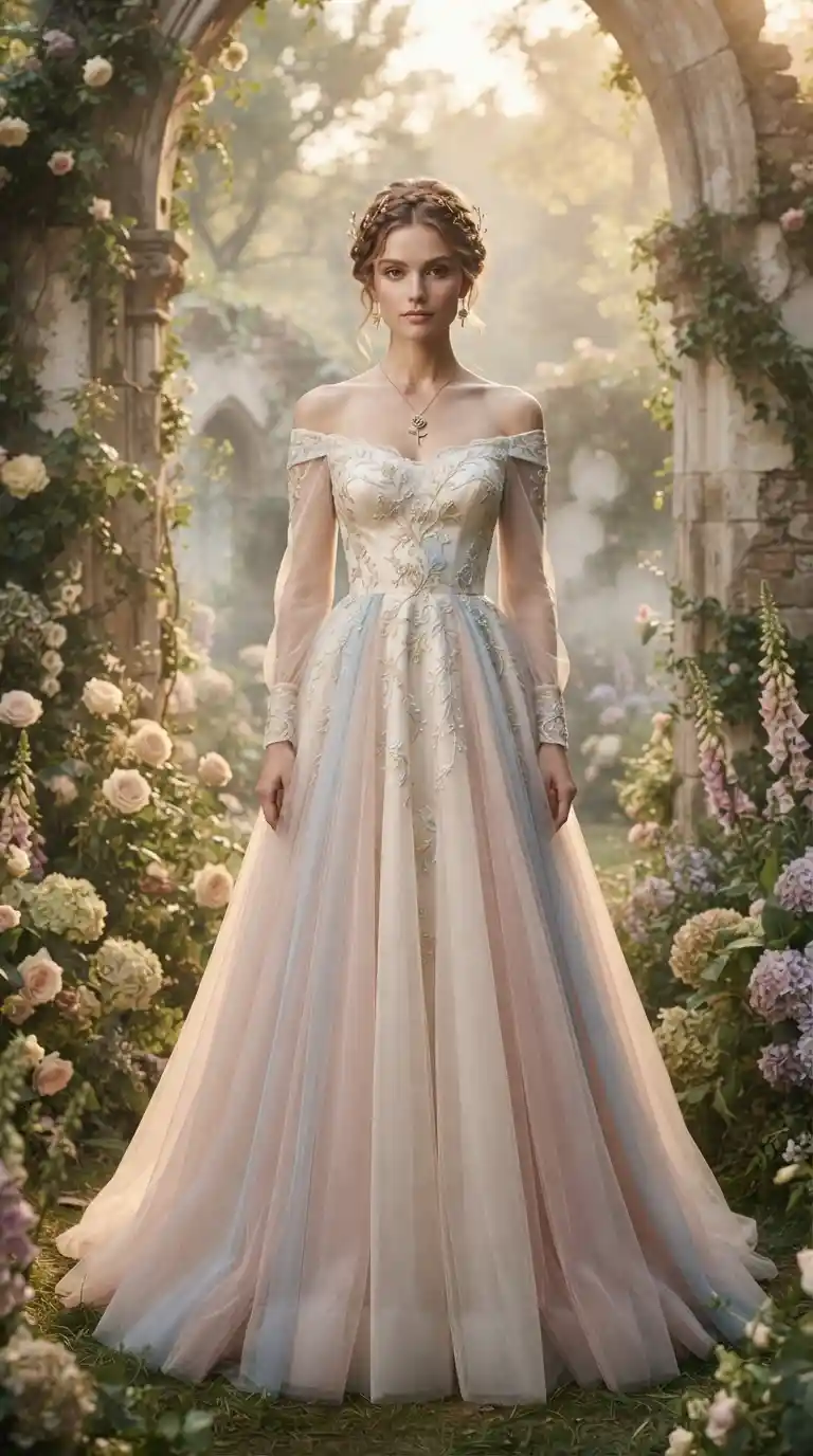 Elegant pink and blue princess-inspired gown displayed in an enchanted garden setting