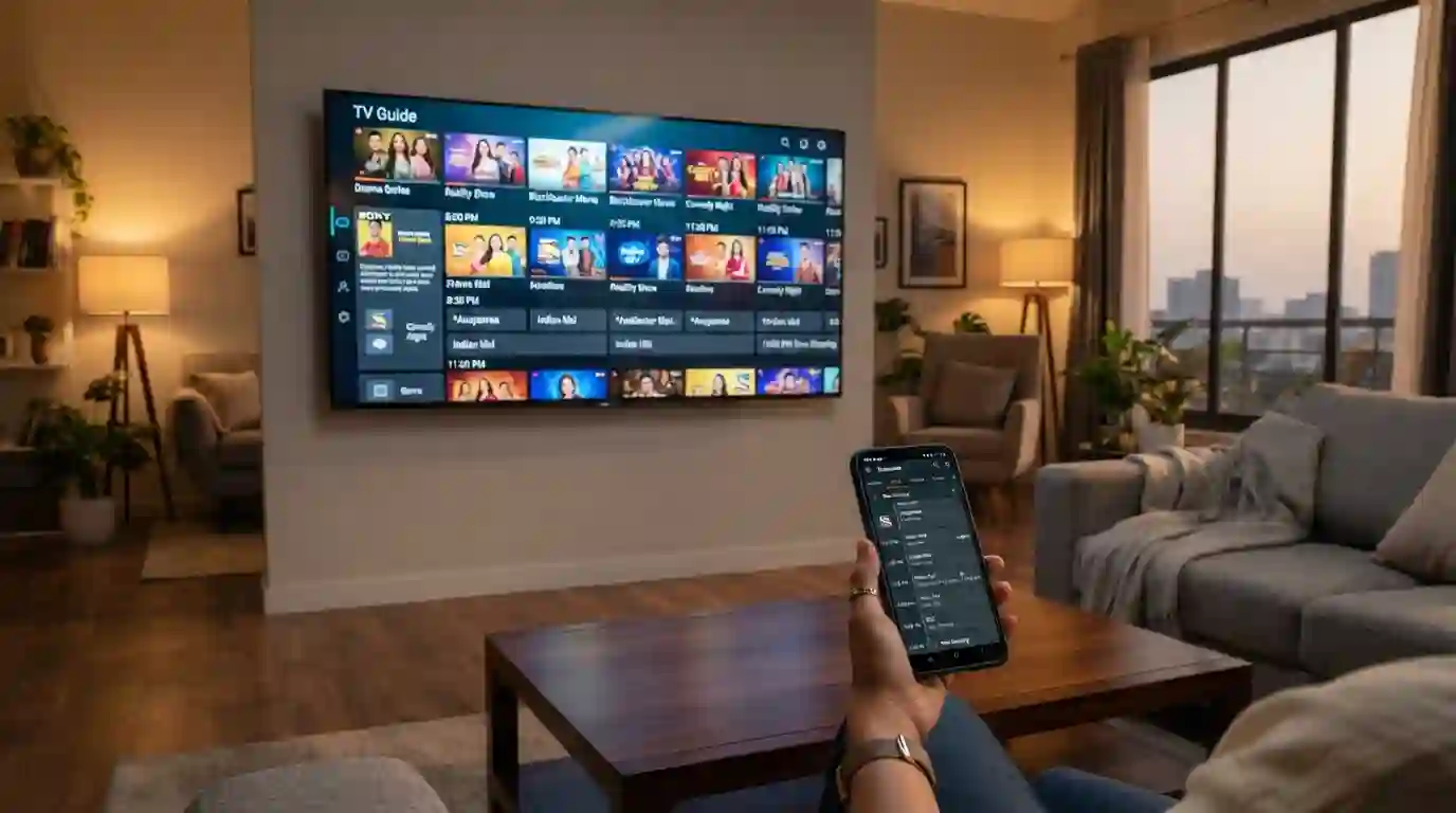 Modern television showing an Indian entertainment program with a digital TV schedule visible nearby