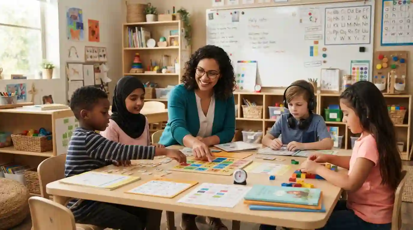 Special education teacher supporting students during an inclusive classroom activity