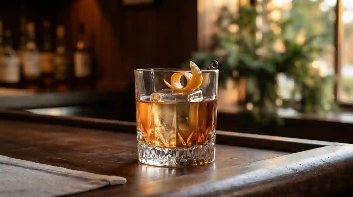 Amber Oregon Old Fashioned cocktail served over ice with an orange twist