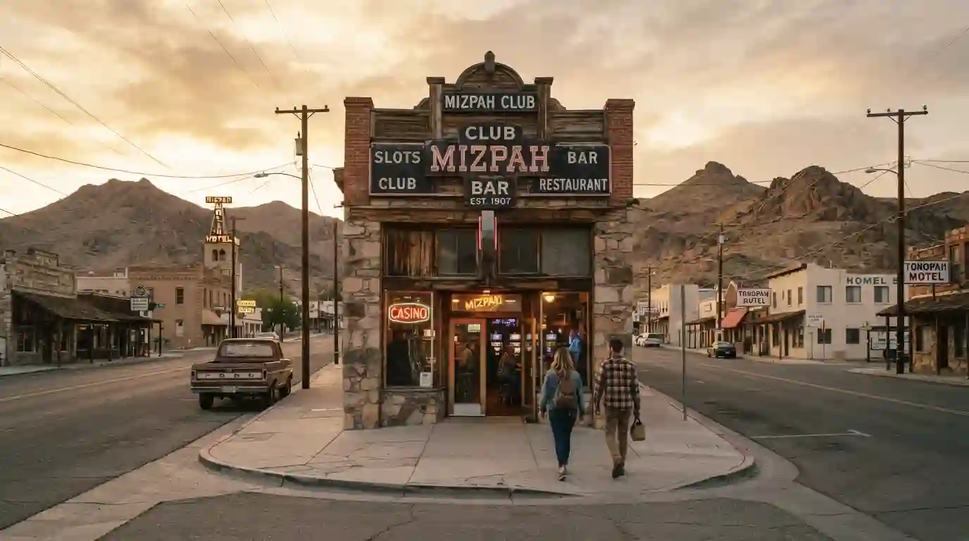 Historic-style casino setting in Tonopah, Nevada surrounded by the desert landscape