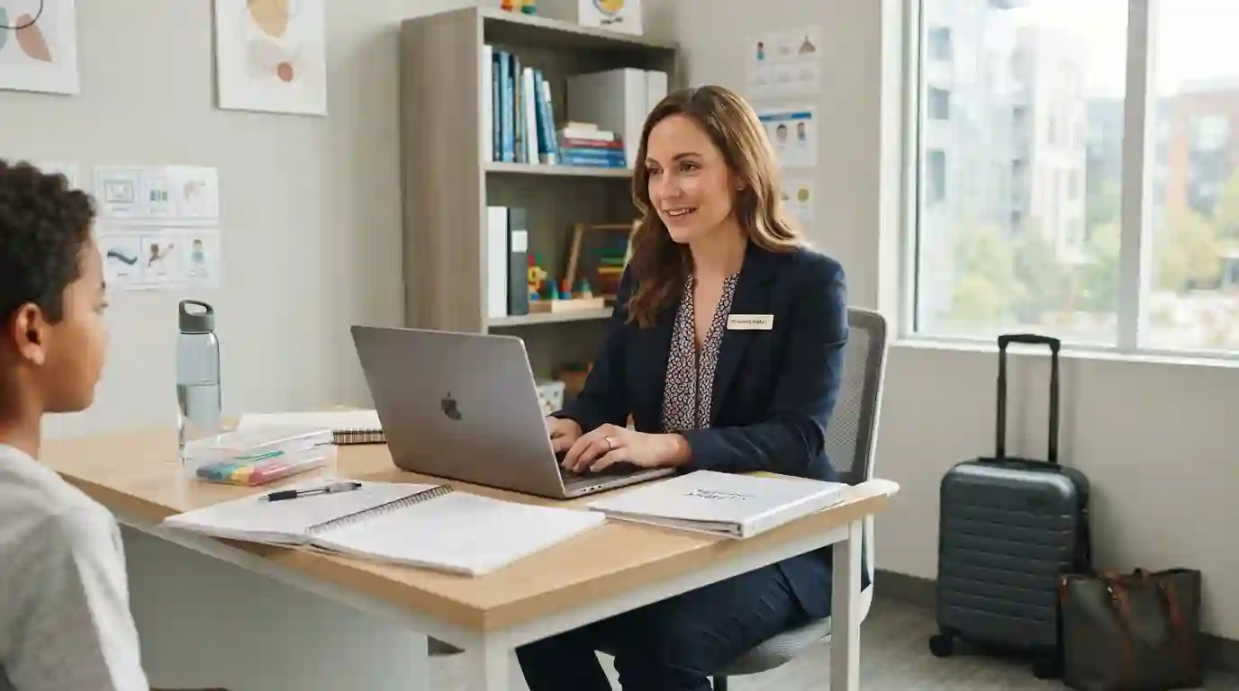 Behavior analyst working with a laptop in a professional setting with travel luggage nearby