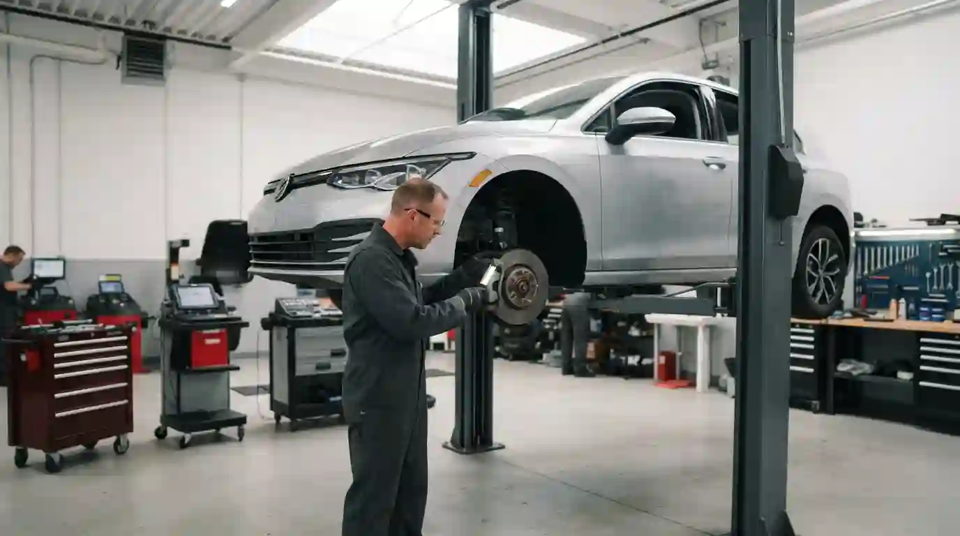 Automotive technician inspecting a passenger vehicle inside a professional repair garage