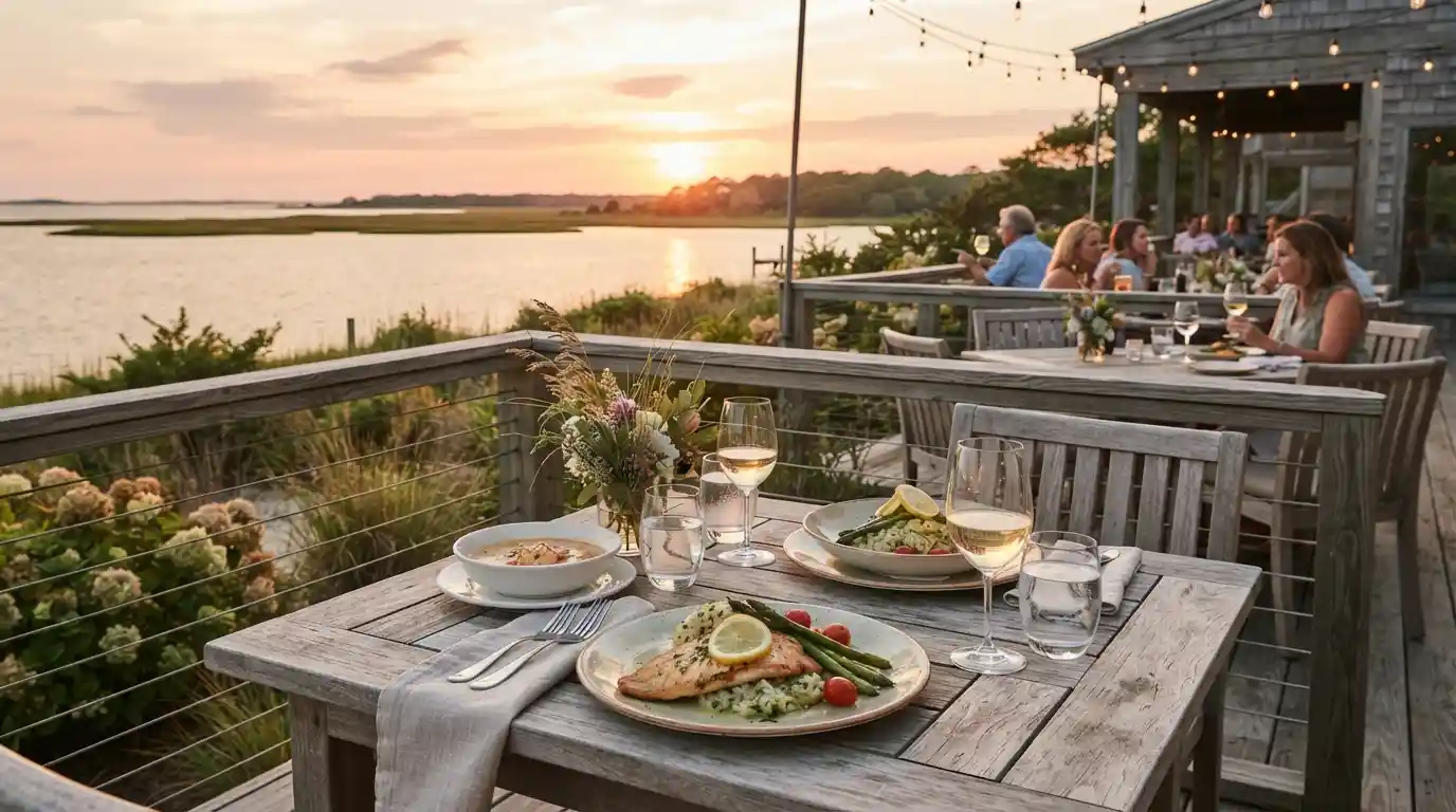 Seafood dinner on an outdoor restaurant deck overlooking the coastal waters in Corolla at sunset