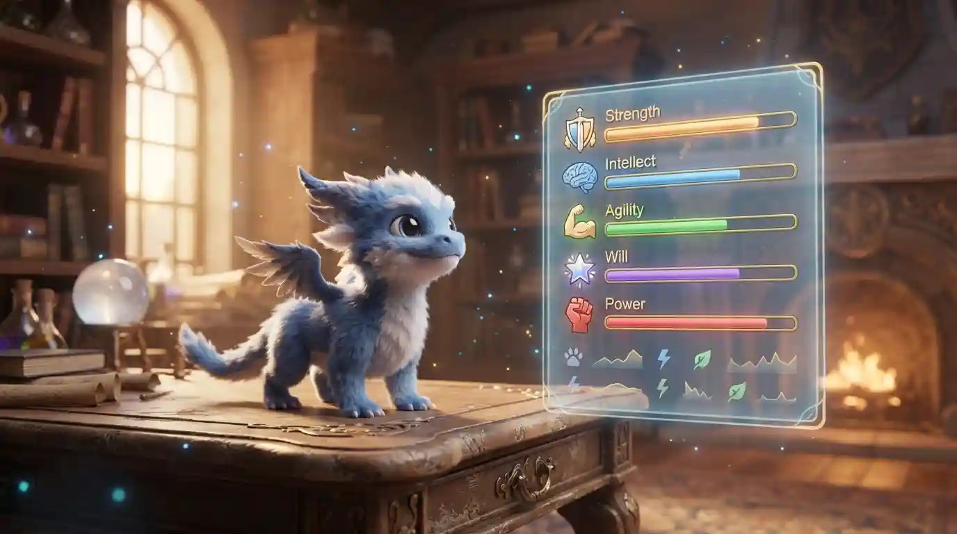 Magical game pet beside a visual statistics interface representing Wizard101 pet attributes