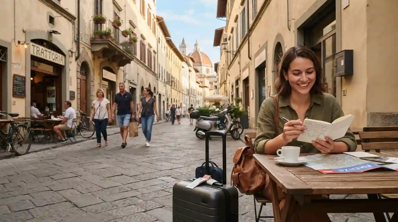 Traveler exploring an Italian city with historic architecture and a café-lined street