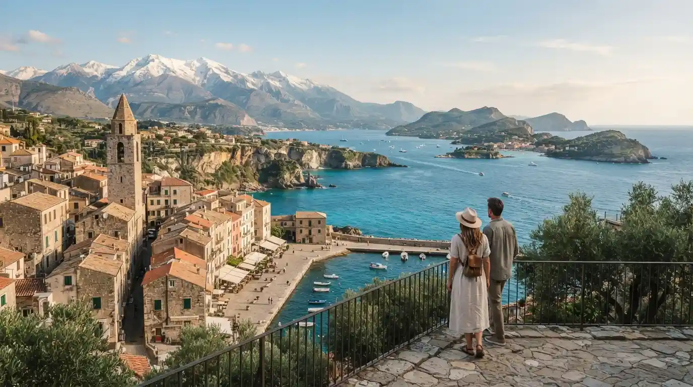Travelers overlooking a scenic combination of historic architecture, coastline, islands, and mountains