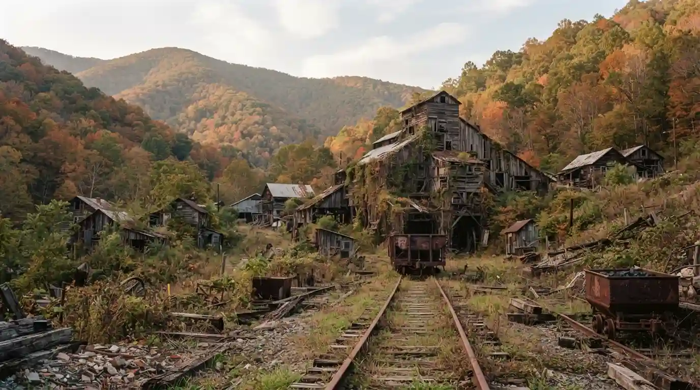 Historic abandoned mining buildings surrounded by Appalachian mountains in West Virginia