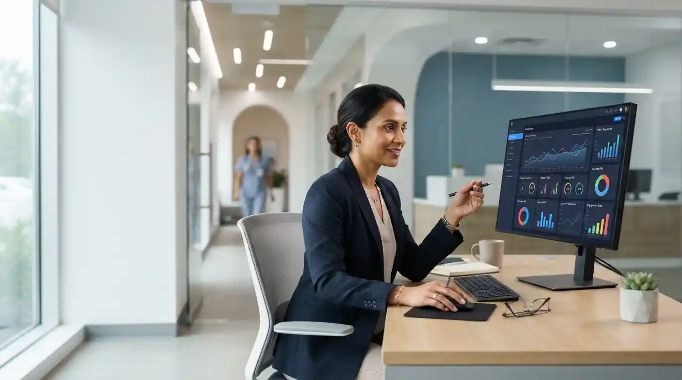 Medical professional reviewing digital marketing analytics in a modern healthcare environment