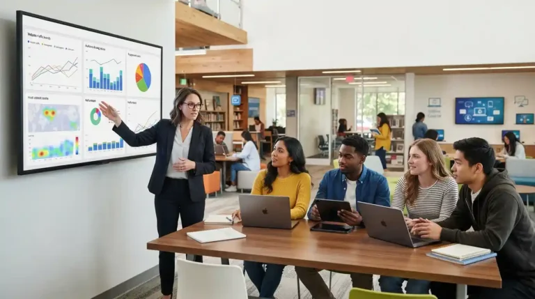 Students using digital devices while an education professional reviews marketing analytics in a modern learning environment