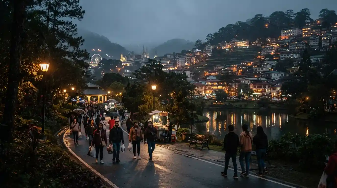 Baguio city streets and park surroundings illuminated after sunset