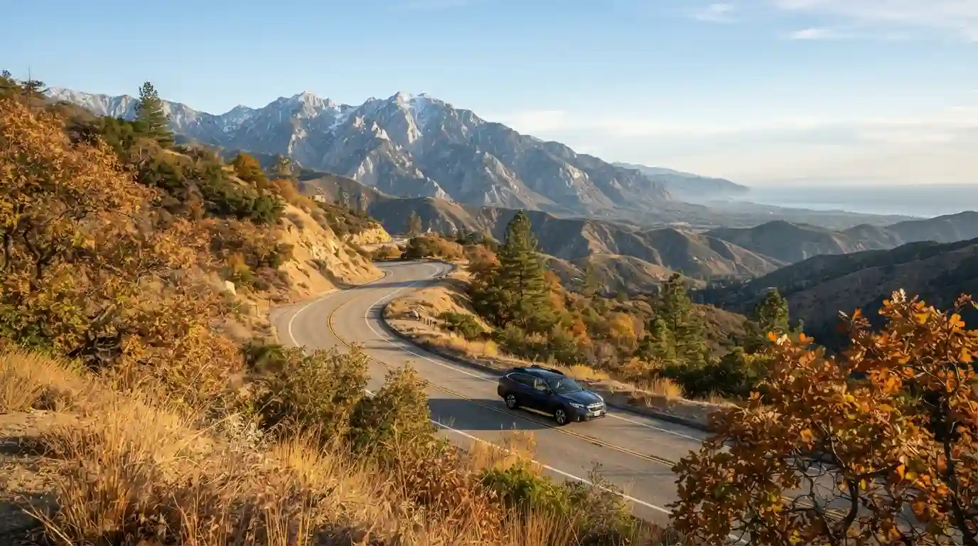 California mountain landscape with golden autumn foliage and a scenic road