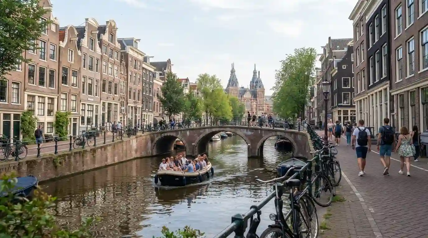 Amsterdam canal with historic houses, bridge, bicycles, and a canal boat