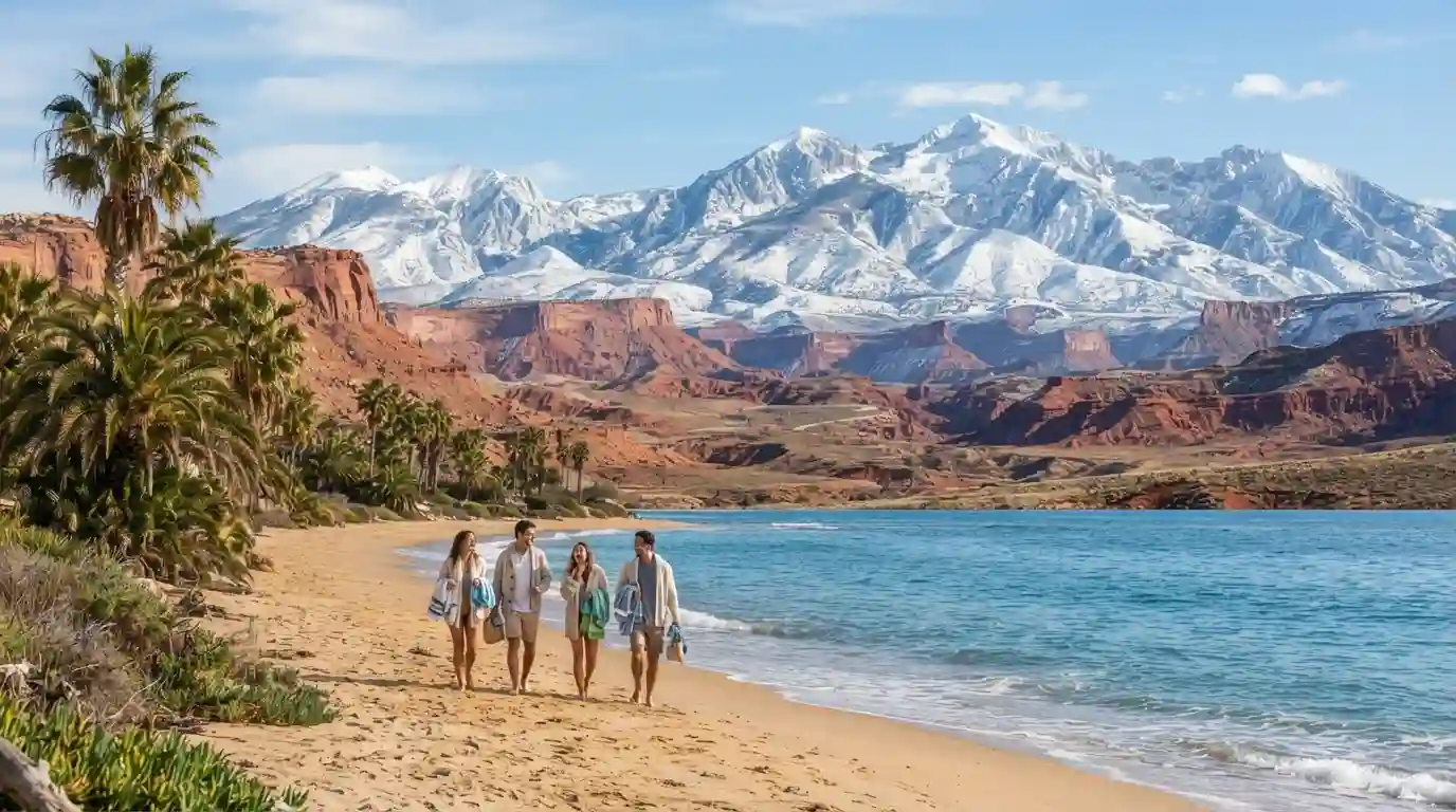 Winter and warm-weather travel landscapes representing February destinations across the USA