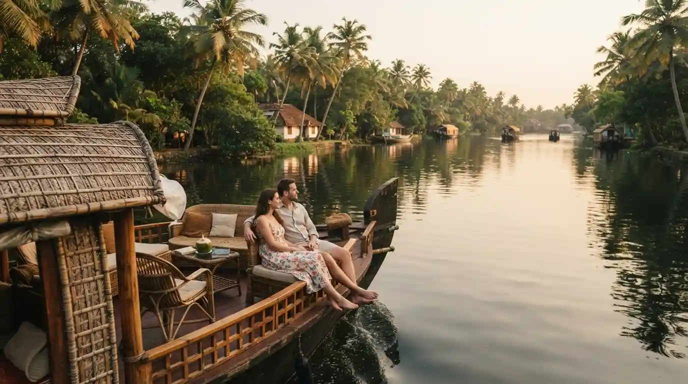 Couple relaxing on a Kerala houseboat surrounded by peaceful backwaters and tropical greenery