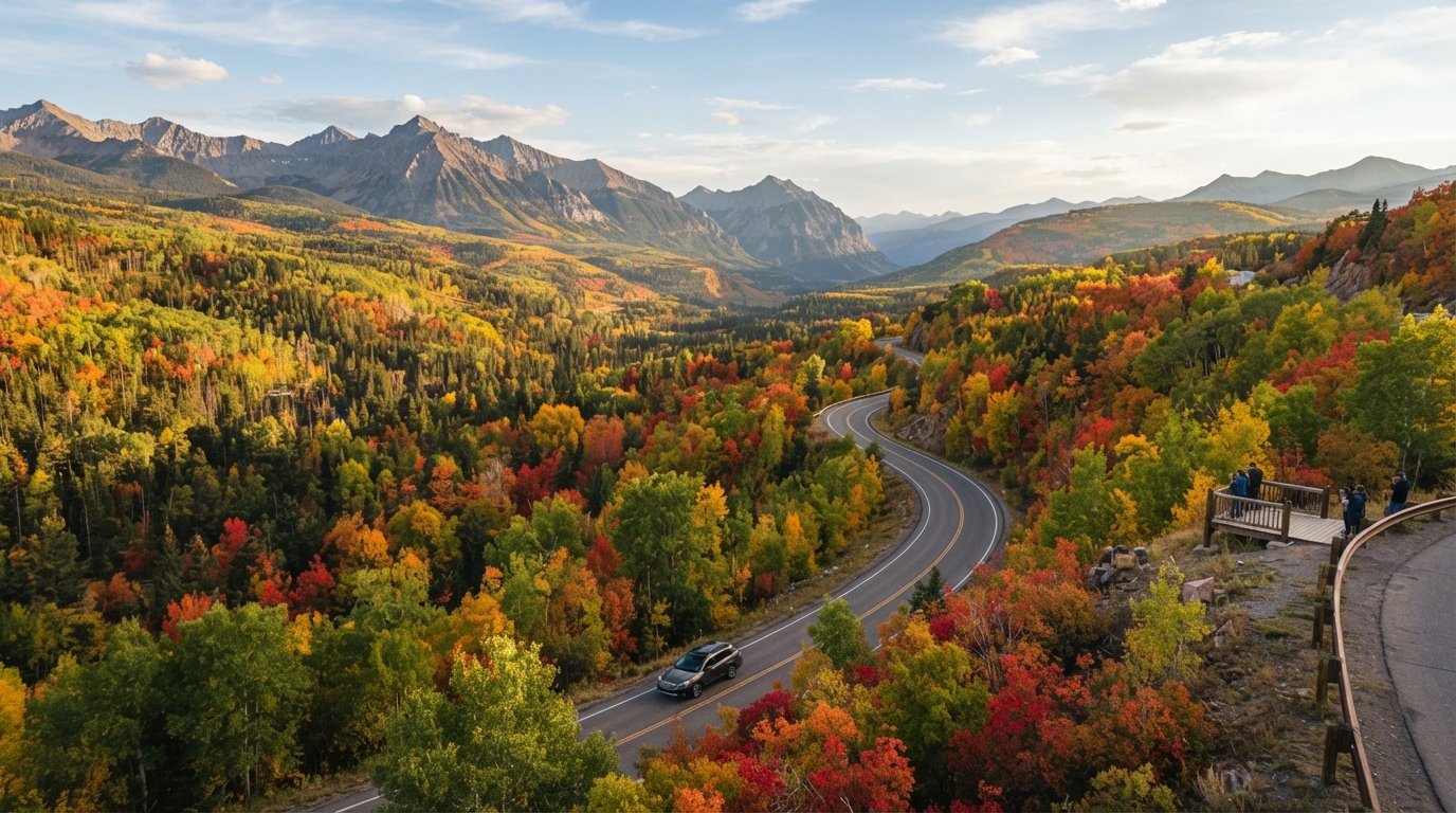 Scenic mountain road surrounded by colorful autumn foliage in the United States