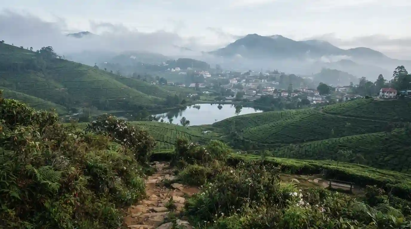 Misty green hills, tea plantations, and a lake in Nuwara Eliya, Sri Lanka