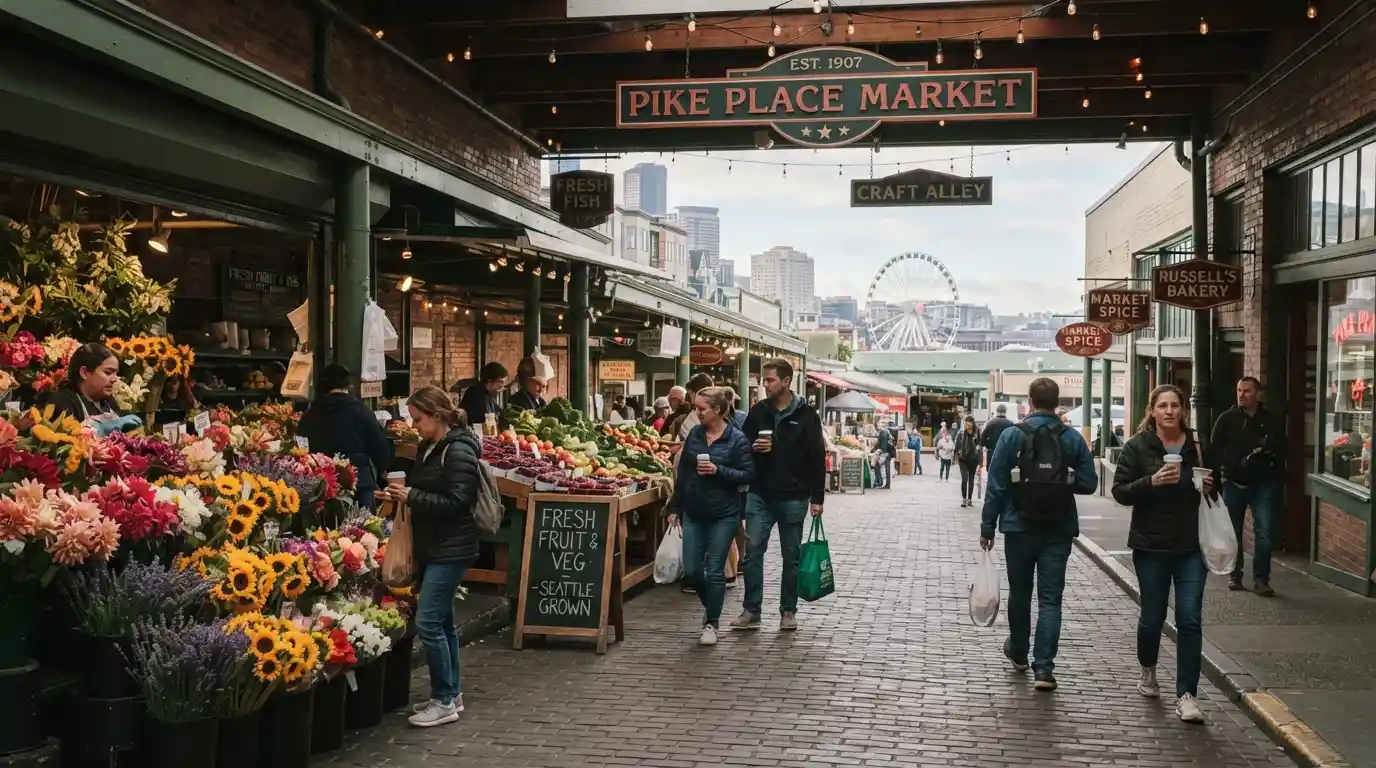 Early morning visitors exploring colorful vendor stalls at Pike Place Market in Seattle