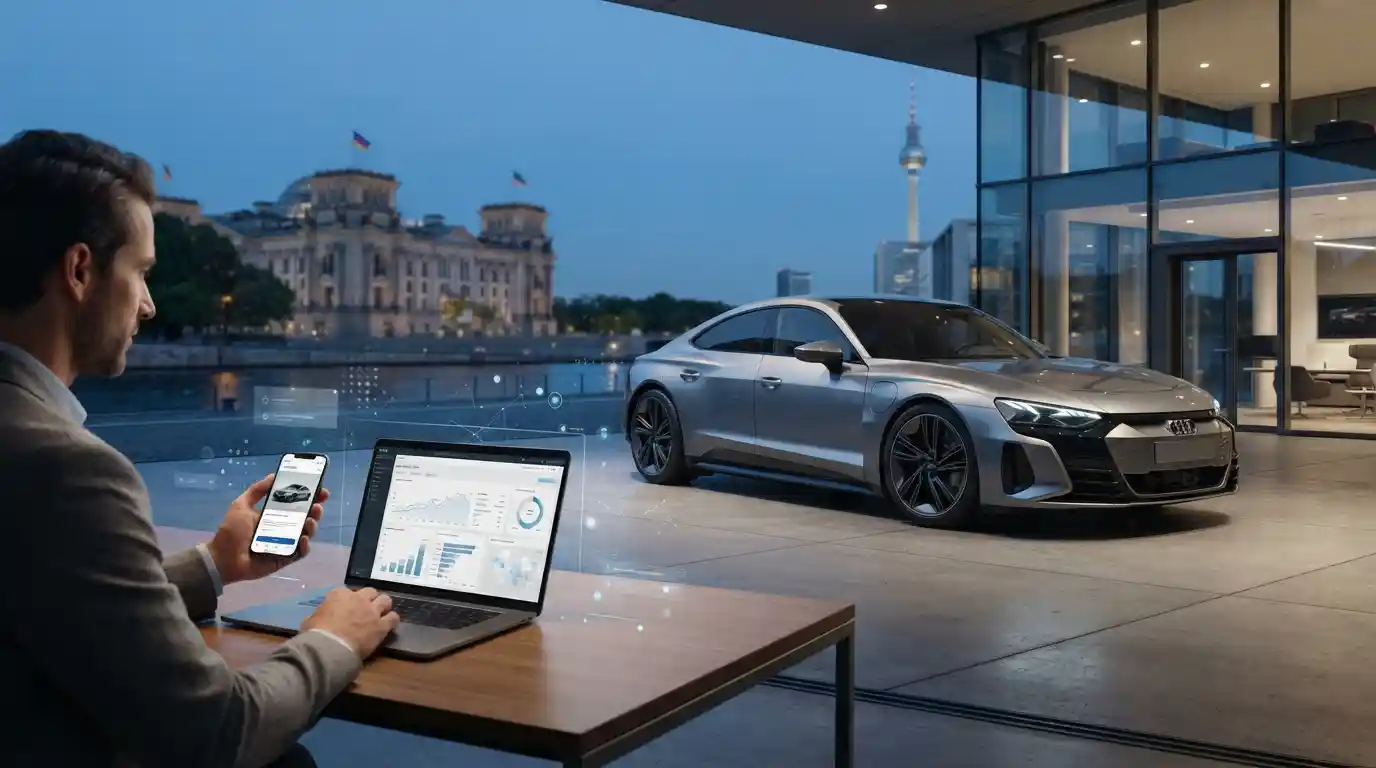 Modern electric vehicle in Berlin with digital marketing technology and analytics displayed nearby