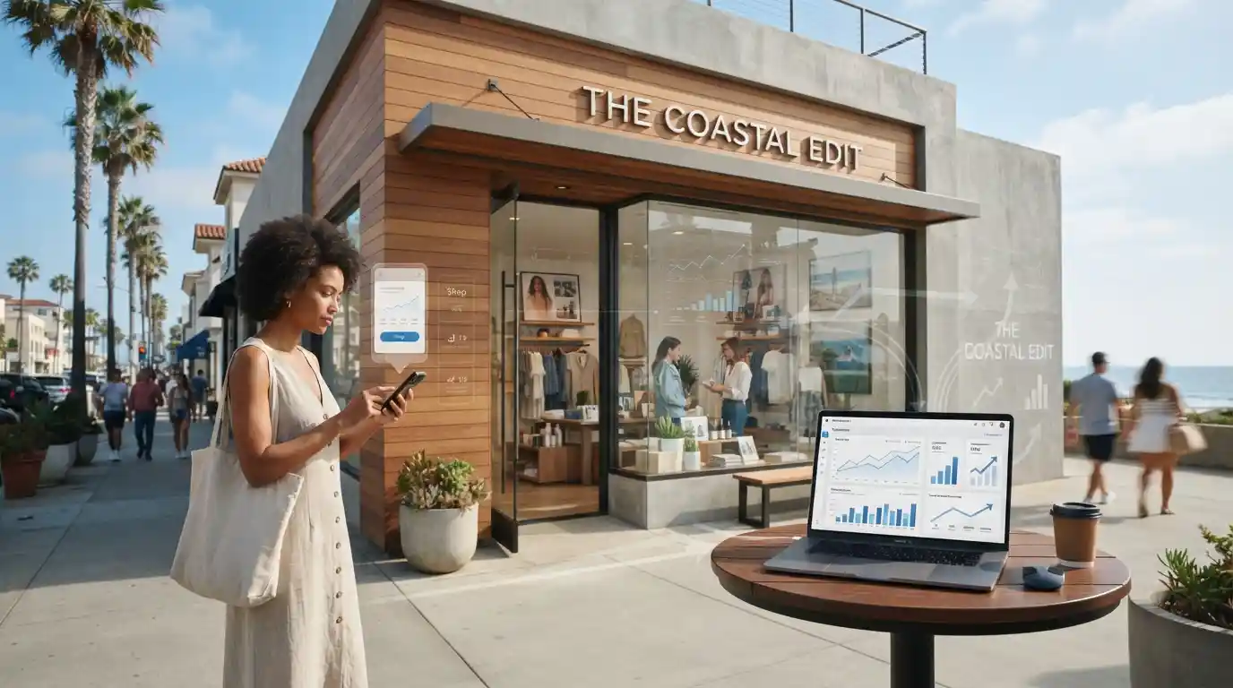 Modern Manhattan Beach retail storefront with a shopper using a smartphone and digital marketing analytics displayed on a nearby device
