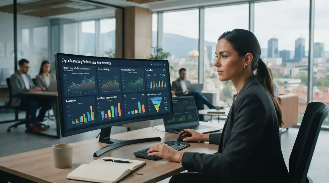 Digital marketing analyst reviewing performance benchmarks on analytics dashboards in a Sofia technology office