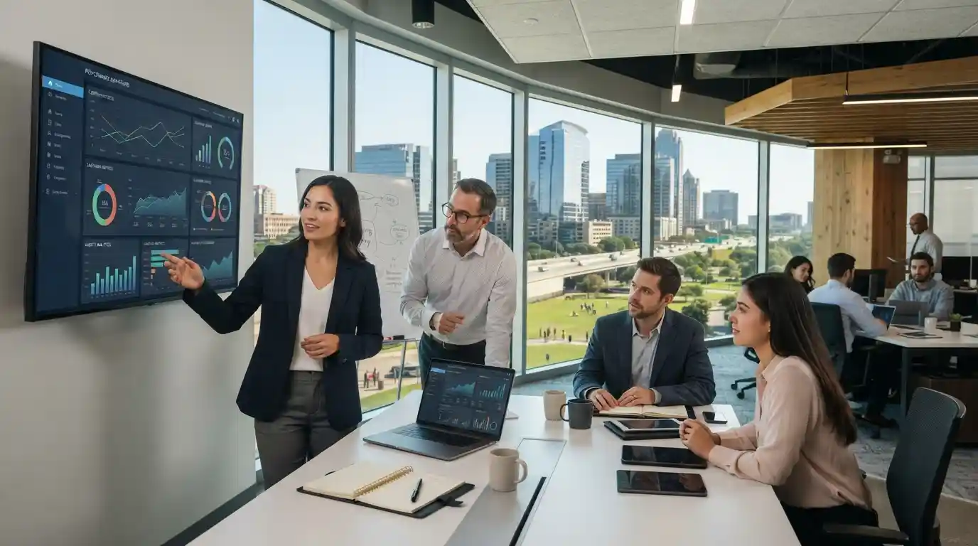 Professionals in a Plano office analyzing digital marketing data for business growth