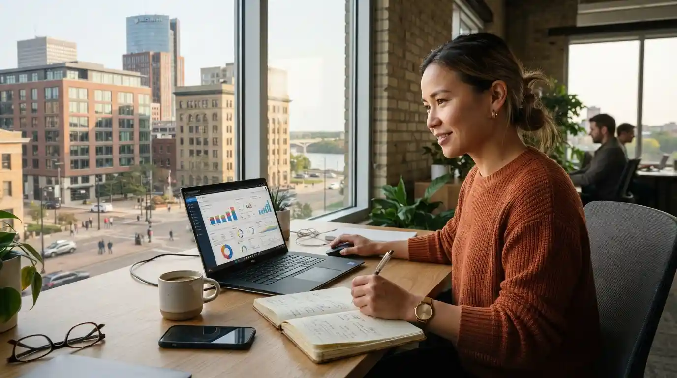 Business professional using digital marketing analytics in a Saint Paul office