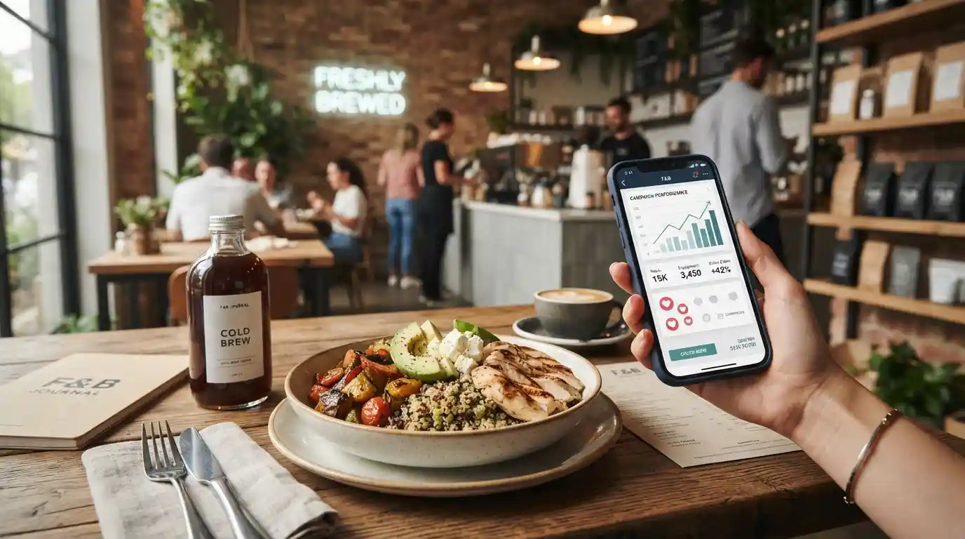 Food and beverage products presented alongside a smartphone showing digital marketing analytics