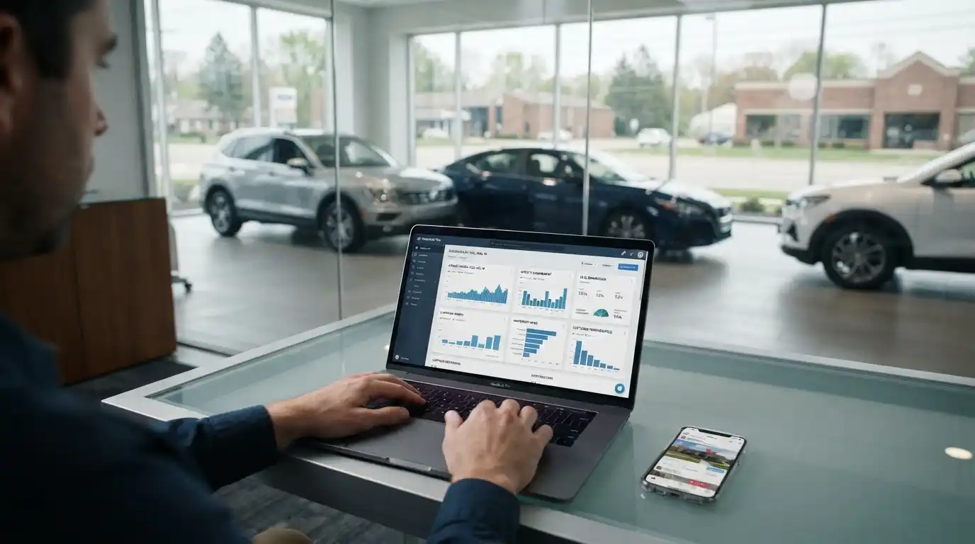 Modern automotive dealership setting with digital marketing analytics and vehicles