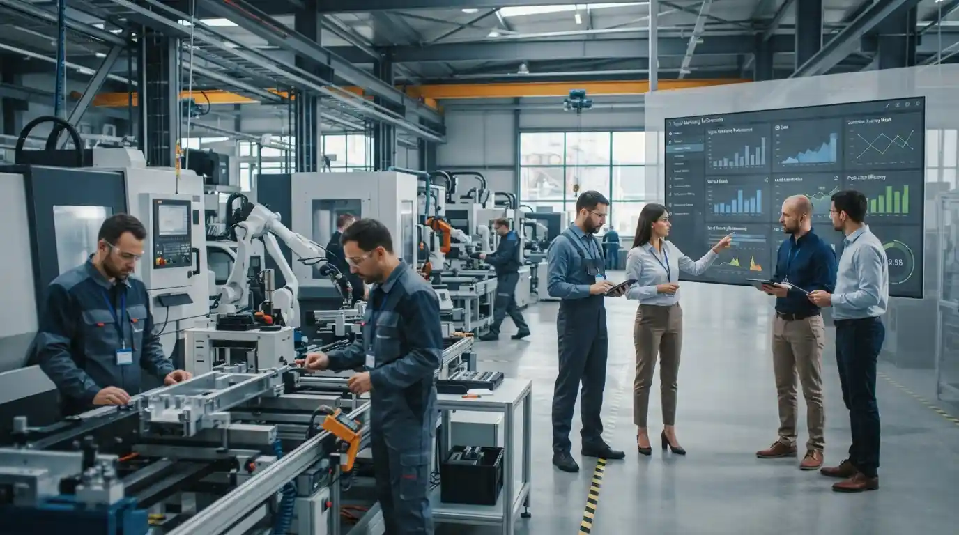 Manufacturing professionals reviewing digital marketing analytics inside a modern industrial facility
