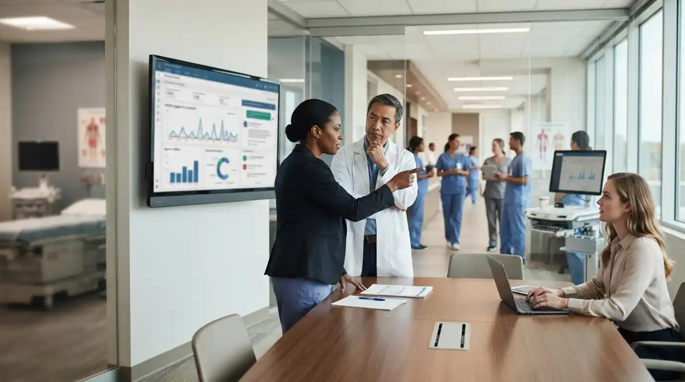 Medical professionals using digital analytics and marketing technology in a modern healthcare setting