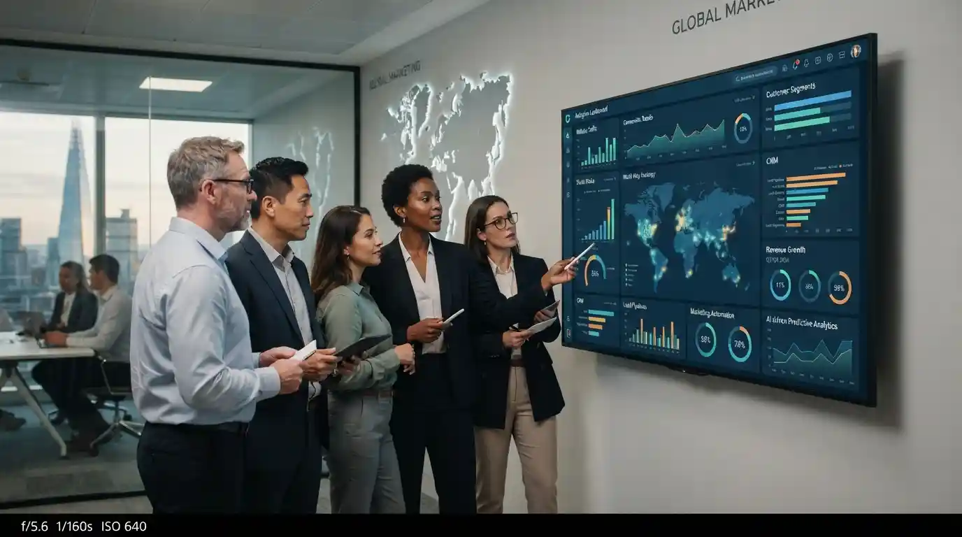 Marketing professionals analyzing digital performance and global customer data in a modern business environmentv