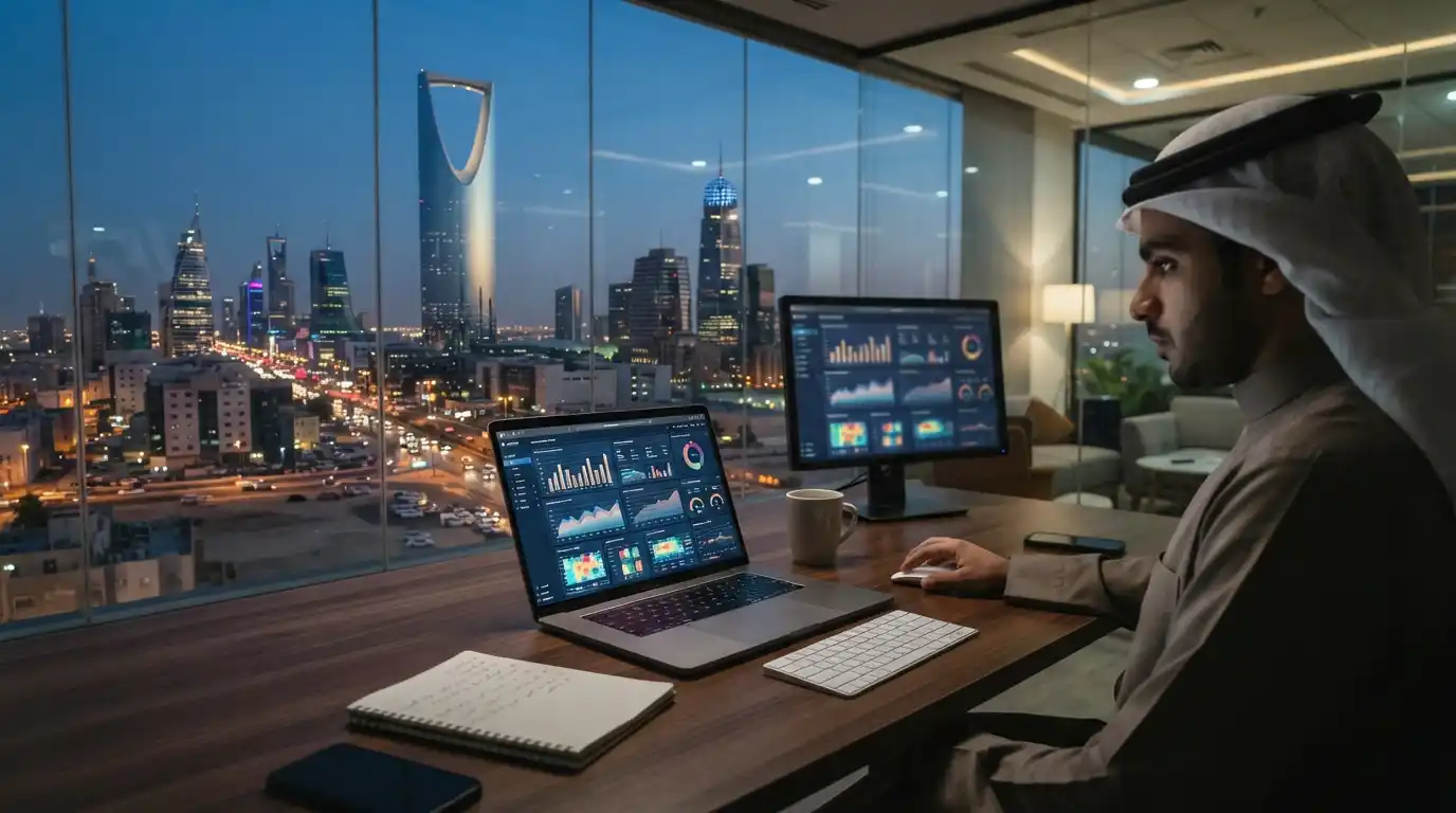 Modern Riyadh business district viewed from a digital marketing workspace with analytics on a laptop
