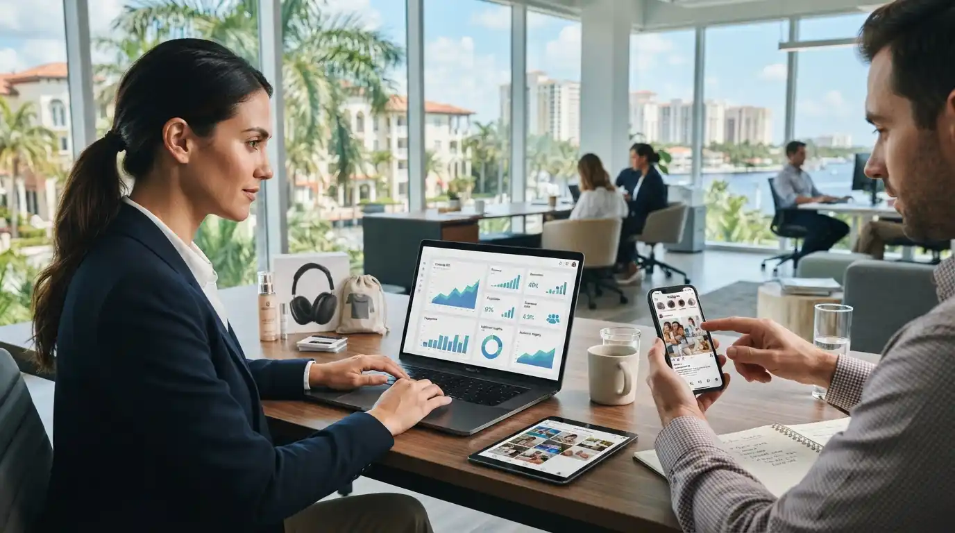 Digital marketing analytics workspace with consumer business campaign data in a Boca Raton setting