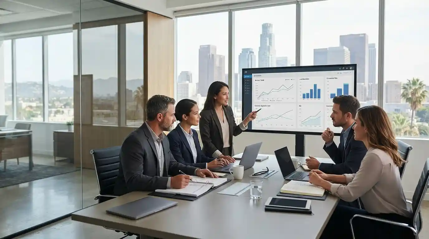 Business services professionals in a Los Angeles office reviewing digital marketing performance and business growth analytics