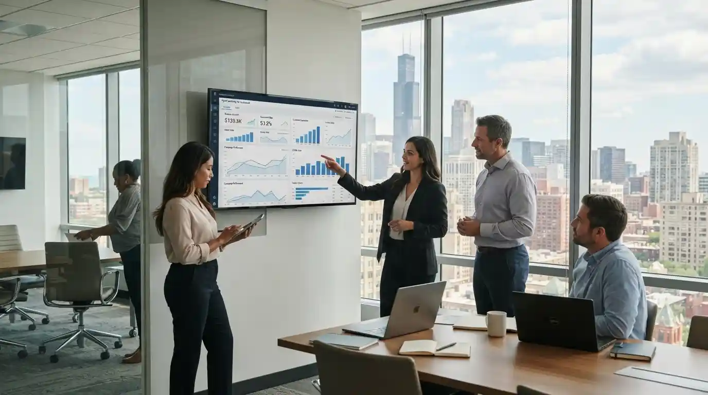 Marketing professionals reviewing digital campaign performance and ROI in a Chicago office.