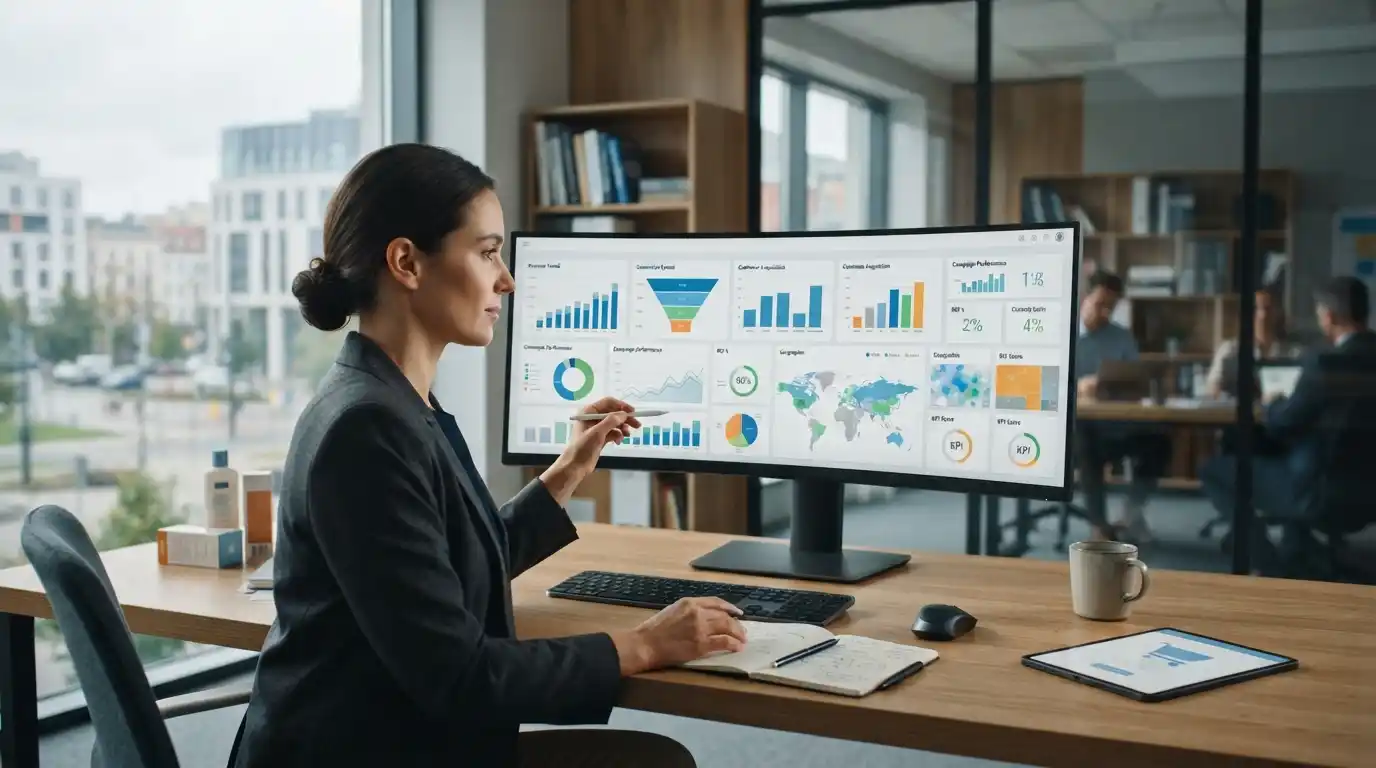 Marketing professional analyzing digital campaign ROI and consumer business performance in an Opole office