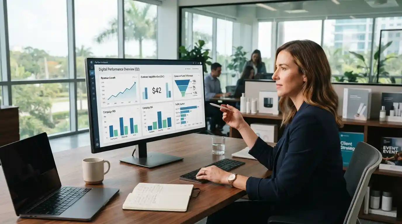 Marketing professional reviewing digital campaign performance and revenue analytics in a modern business workspace
