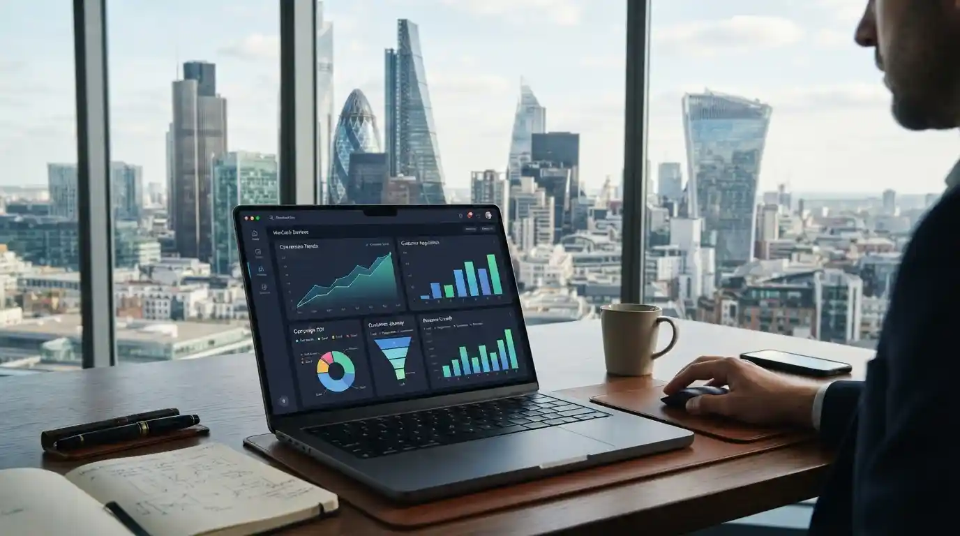 Digital marketing analytics workspace with financial performance charts and London business architecture in the background