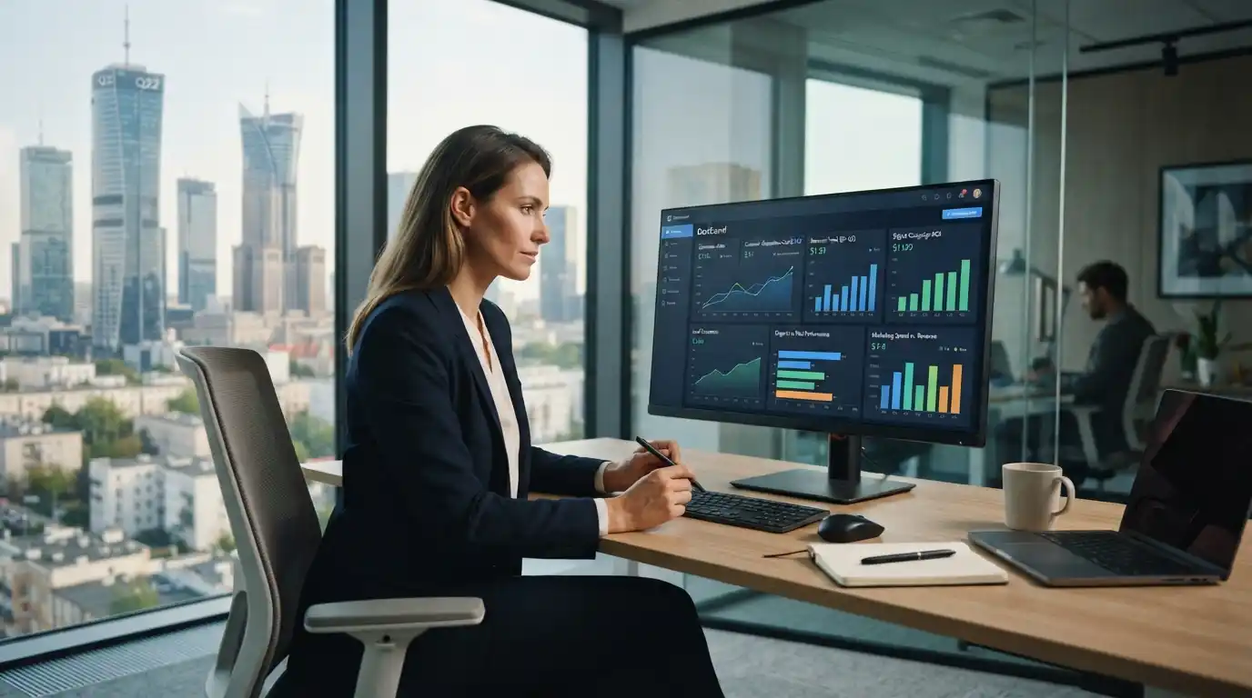 Financial services professional analyzing digital marketing ROI metrics with the Warsaw skyline in the background