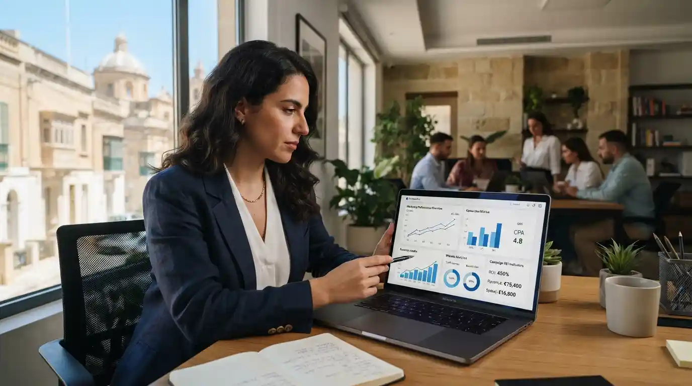 Business professional reviewing digital marketing performance and ROI metrics on a laptop in a Maltese business setting