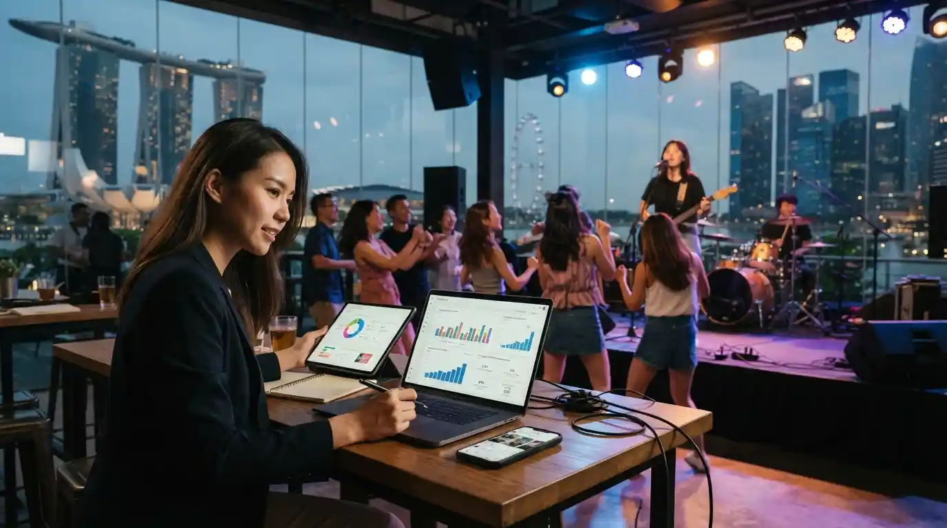 Creative professional analyzing digital marketing data while a live music performance takes place in a Singapore entertainment venue
