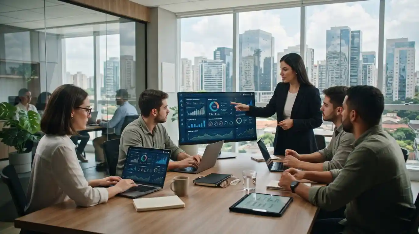 Digital marketing professionals analyzing campaign data in a modern Barueri business environment