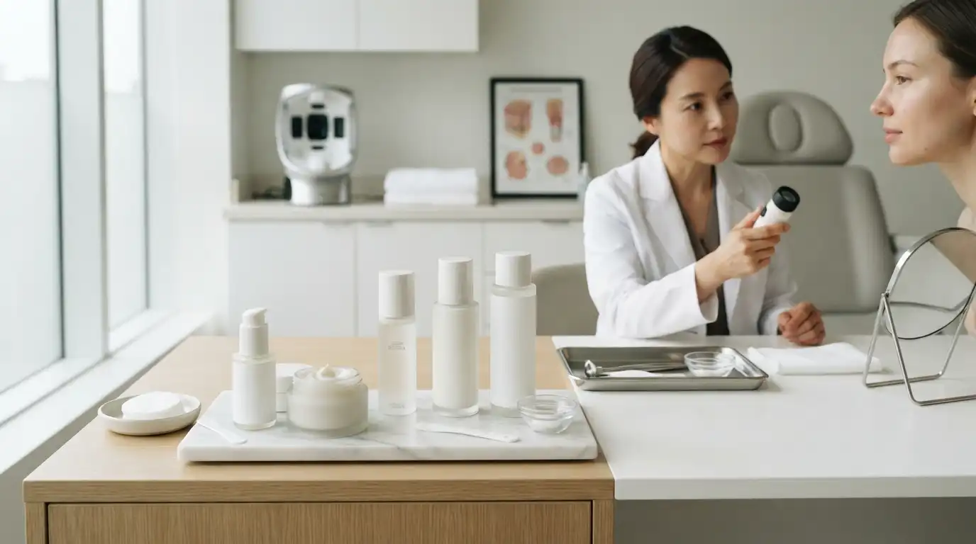 Skincare products arranged in a clean dermatology-inspired setting for a Medicube skincare review