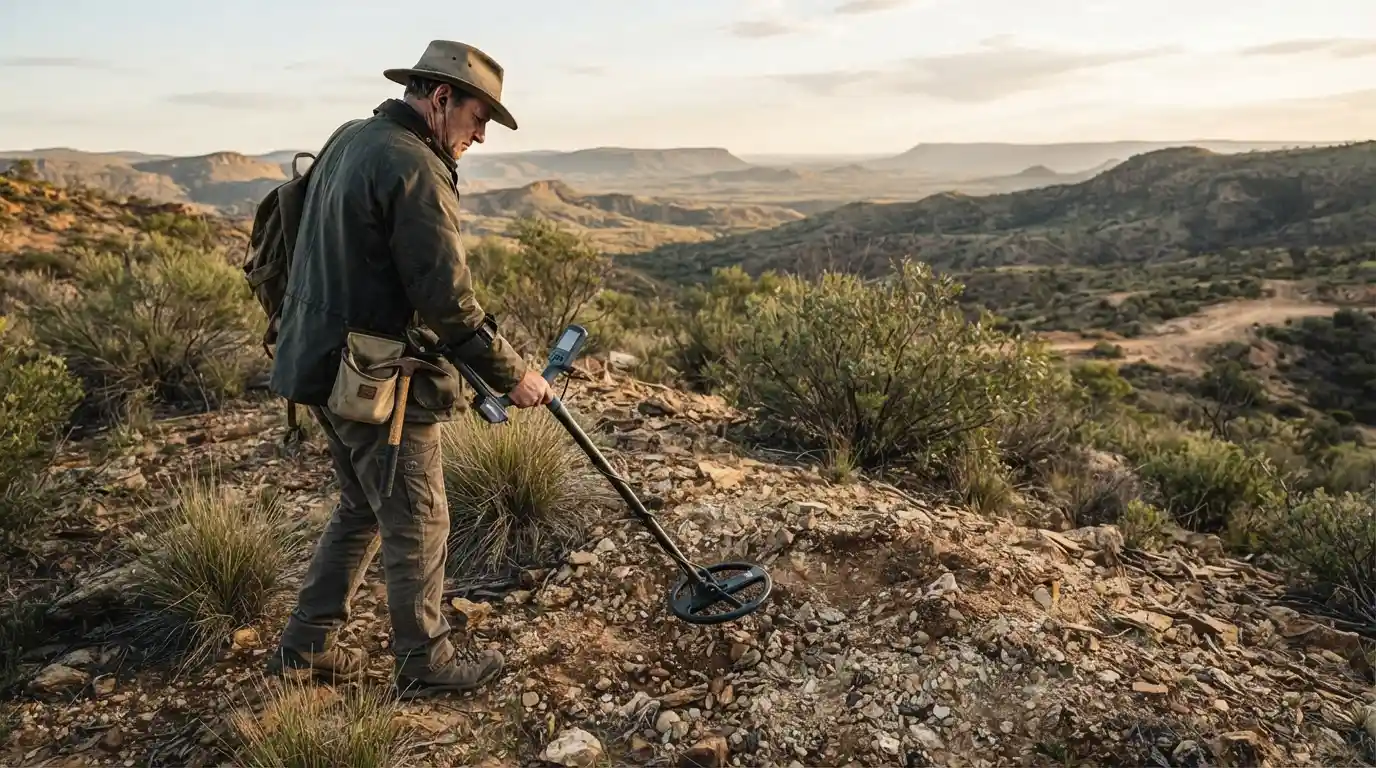 Detectorist using a modern metal detector across rocky terrain during a gold exploration search