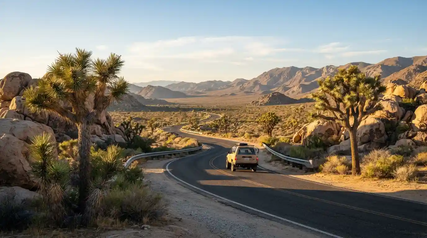 Southern California desert road surrounded by Joshua trees and rugged rock formations near Joshua Tree National Park