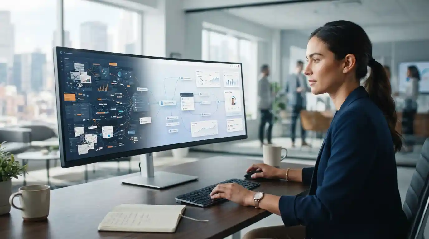 Professional user navigating a streamlined digital transformation journey with connected data and interface elements